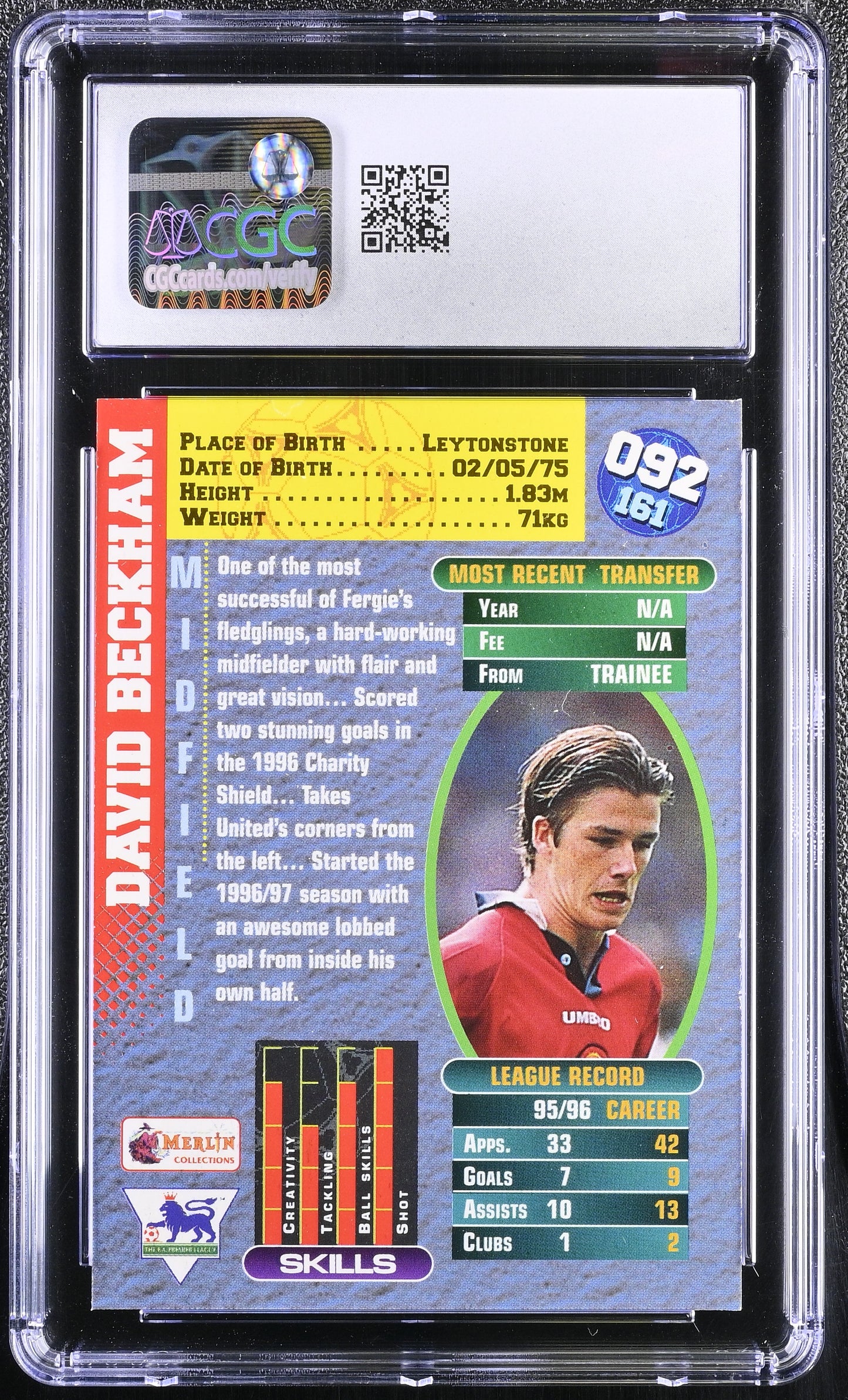1996-97 Merlin Premier Gold #092 David Beckham RC Back